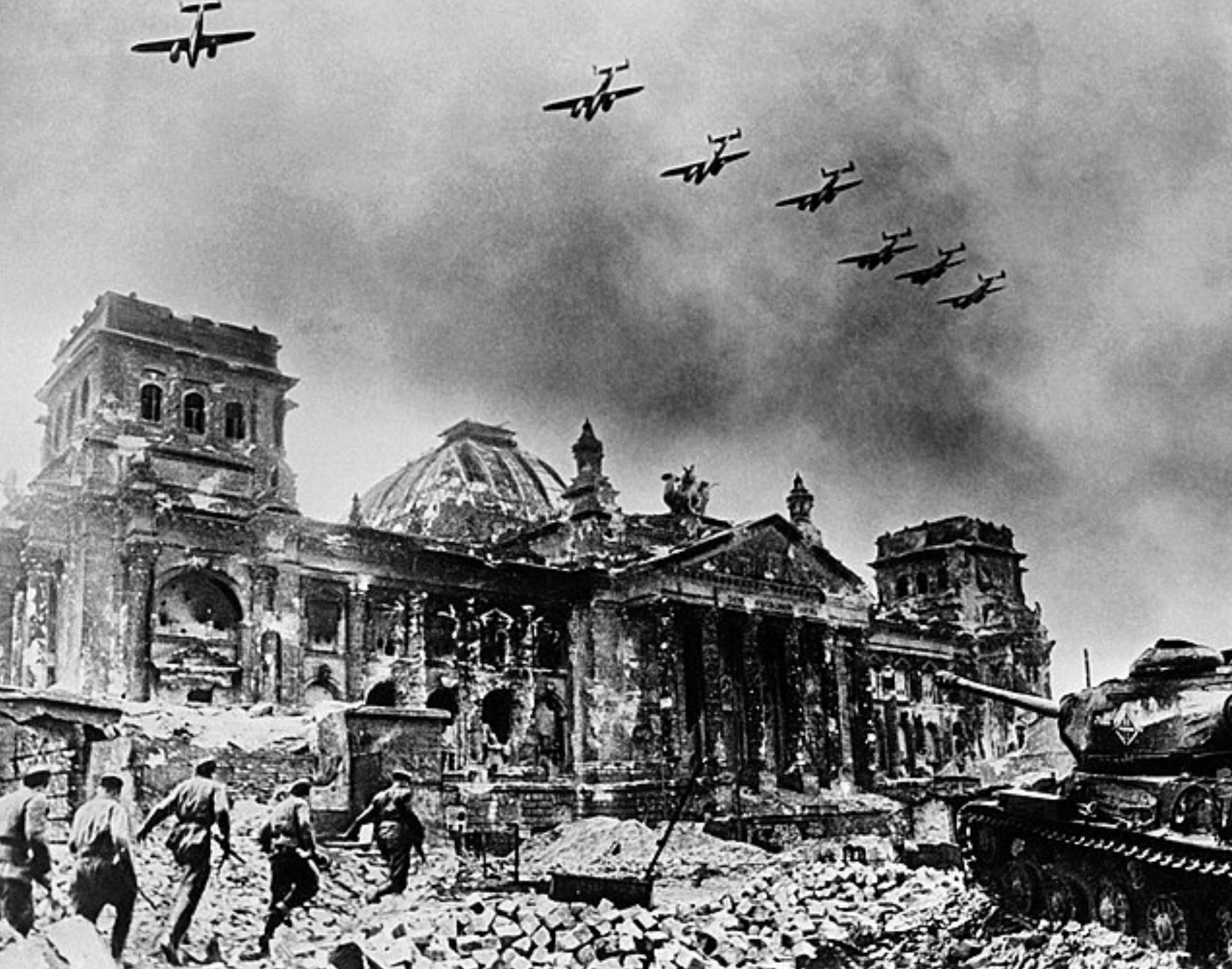 The Reichstag building, destroyed during the storming of the city by Soviet troops. 